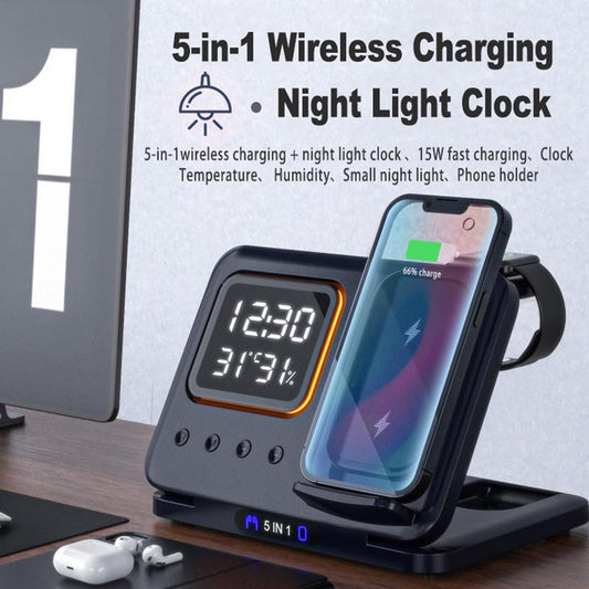 15W Wireless Charger Stand 5-in-1 – LED Digital Alarm Clock & Fast Charging Dock Station